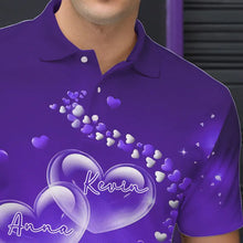 Load image into Gallery viewer, Purple Heart Theme Custom Valentines Bowling Polo Shirts For Men, Couple Bowling Shirt IPHW8346