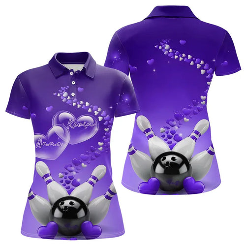 Purple Heart Theme Custom Valentines Bowling Polo Shirts For Women, Couple Bowling Shirt IPHW8346