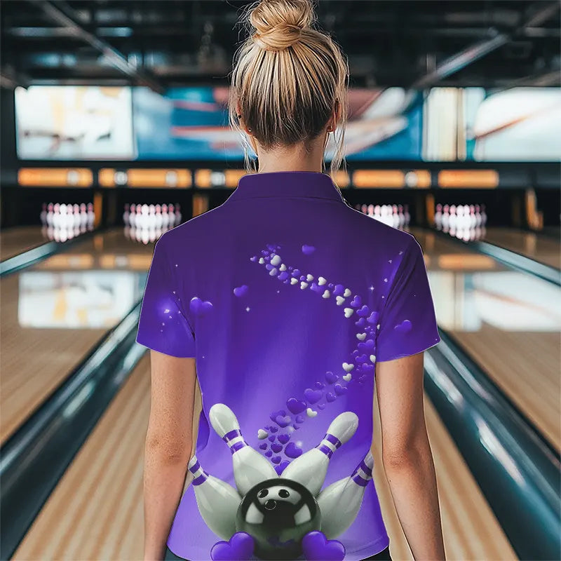 Purple Heart Theme Custom Valentines Bowling Womens Quarter-Zip Shirt, Couple Bowling Shirt IPHW8346