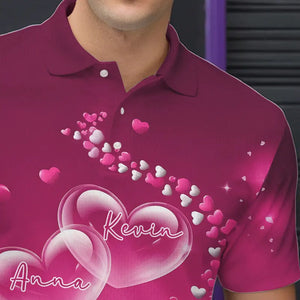 Pink Heart Theme Custom Valentines Bowling Polo Shirts For Men, Couple Bowling Shirt IPHW8347