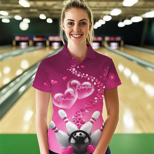 Pink Heart Theme Custom Valentines Bowling Polo Shirts For Women, Couple Bowling Shirt IPHW8347