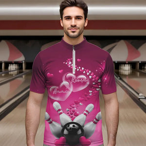 Pink Heart Theme Custom Valentines Bowling Quarter-Zip Shirts For Men, Couple Bowling Shirt IPHW8347