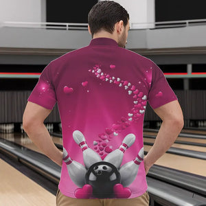 Pink Heart Theme Custom Valentines Bowling Quarter-Zip Shirts For Men, Couple Bowling Shirt IPHW8347