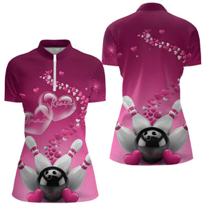 Pink Heart Theme Custom Valentines Bowling Womens Quarter-Zip Shirt, Couple Bowling Shirt IPHW8347