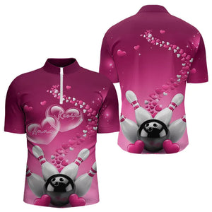 Pink Heart Theme Custom Valentines Bowling Quarter-Zip Shirts For Men, Couple Bowling Shirt IPHW8347