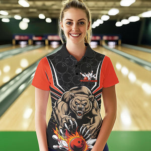 Black And Orange Custom Bear Bowling Jerseys, Bear Bowling Team Polo Shirts For Women IPHW8830