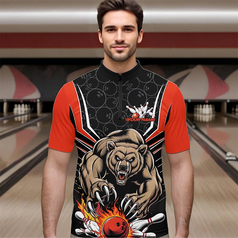 Black And Orange Custom Bear Bowling Jerseys, Bear Bowling Team Quarter-Zip Shirts For Men IPHW8830