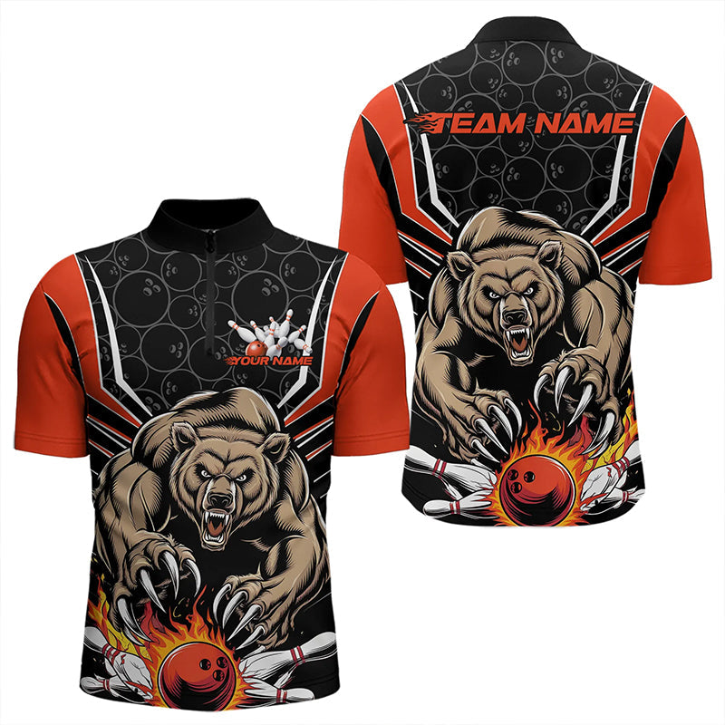 Black And Orange Custom Bear Bowling Jerseys, Bear Bowling Team Quarter-Zip Shirts For Men IPHW8830