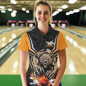 Black And Yellow Custom Bear Bowling Jerseys, Bear Bowling Team Polo Shirts For Women IPHW8831