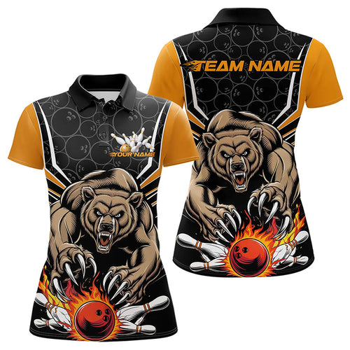 Black And Yellow Custom Bear Bowling Jerseys, Bear Bowling Team Polo Shirts For Women IPHW8831