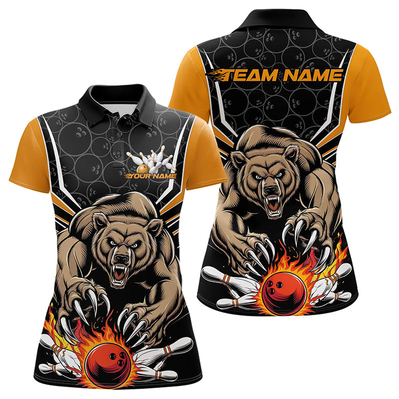 Black And Yellow Custom Bear Bowling Jerseys, Bear Bowling Team Polo Shirts For Women IPHW8831