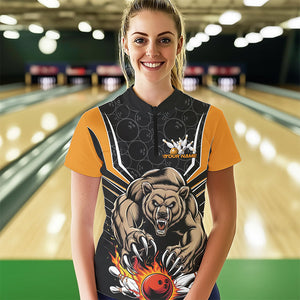 Black And Yellow Custom Bear Bowling Jersey, Bear Bowling Team Quarter-Zip Shirts For Women IPHW8831