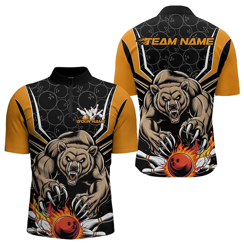 Black And Yellow Custom Bear Bowling Jerseys, Bear Bowling Team Quarter-Zip Shirts For Men IPHW8831