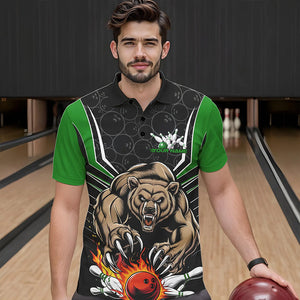 Black And Green Custom Bear Bowling Jerseys, Bear Bowling Team Polo Shirts For Men IPHW8832