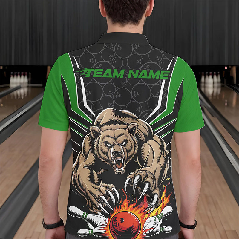 Black And Green Custom Bear Bowling Jerseys, Bear Bowling Team Polo Shirts For Men IPHW8832