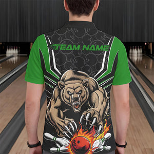 Black And Green Custom Bear Bowling Jerseys, Bear Bowling Team Polo Shirts For Men IPHW8832