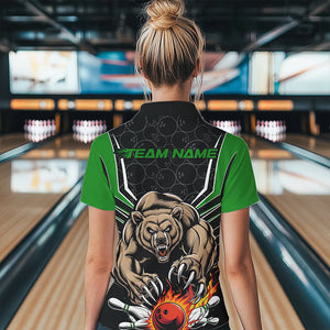 Black And Green Custom Bear Bowling Jerseys, Bear Bowling Team Polo Shirts For Women IPHW8832