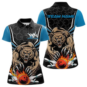 Black And Blue Custom Bear Bowling Jerseys, Bear Bowling Team Polo Shirts For Women IPHW8833