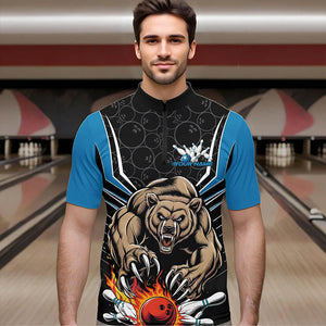 Black And Blue Custom Bear Bowling Jerseys, Bear Bowling Team Quarter-Zip Shirts For Men IPHW8833