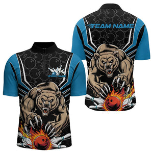 Black And Blue Custom Bear Bowling Jerseys, Bear Bowling Team Quarter-Zip Shirts For Men IPHW8833