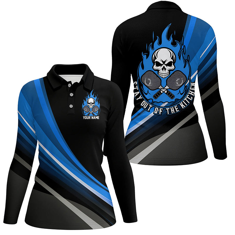 Custom Skull Women's Pickleball Polo Shirts "Stay Out Of The Kitchen" Pickleball | Blue IPHW6907