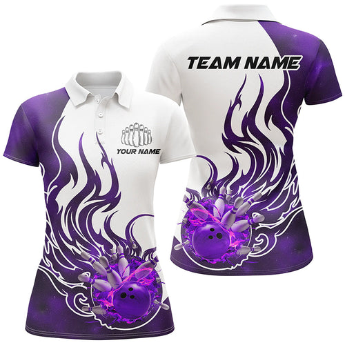 Custom Purple Flame Bowling Shirts For Women, Galaxy Bowling Team Shirts Bowling Uniform IPHW7086