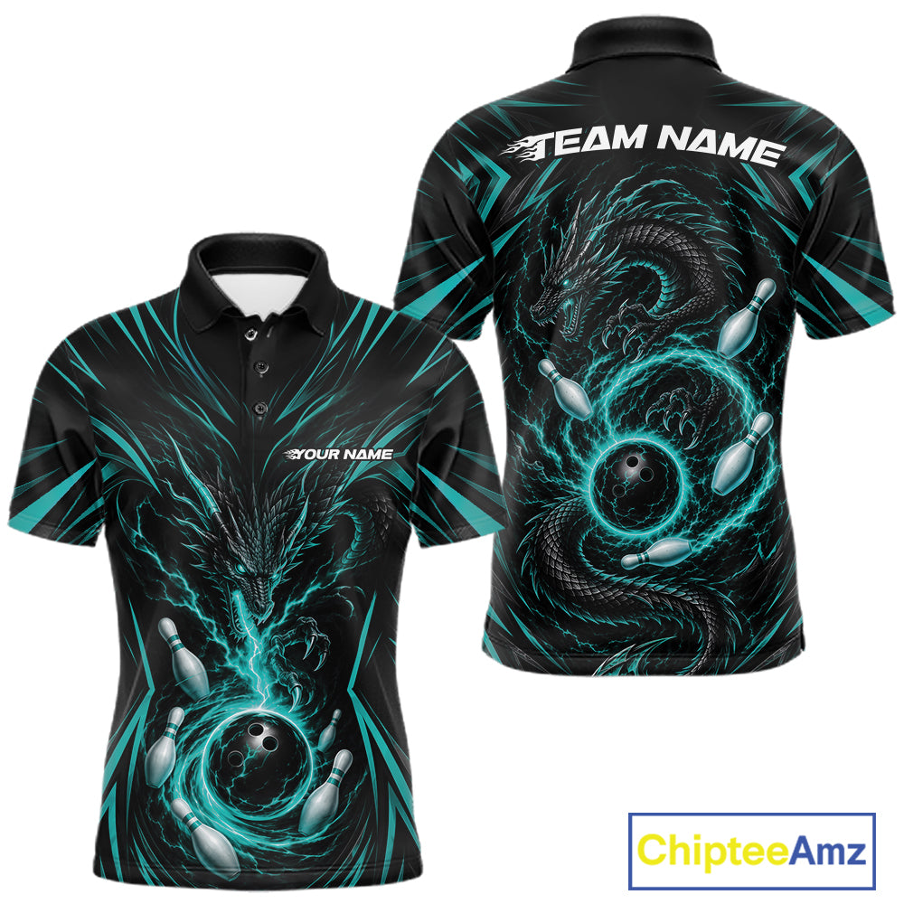 Front and back views of a short-sleeve polo shirt on a white background, featuring a black base with a glowing teal dragon and bowling ball graphic. A ChipteeAmz logo appears in the bottom right corner.