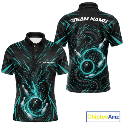 Front and back views of a short-sleeve polo shirt on a white background, featuring a black base with a glowing teal dragon and bowling ball graphic. A ChipteeAmz logo appears in the bottom right corner.