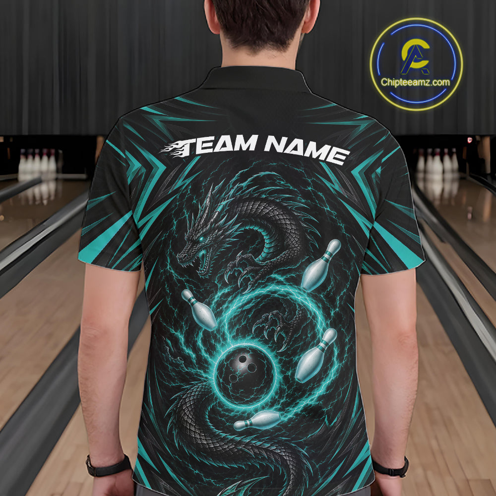 A person viewed from behind wearing a black short-sleeve bowling polo shirt with a large teal and black dragon graphic, bowling pins, and the text 'TEAM NAME' across the upper back.