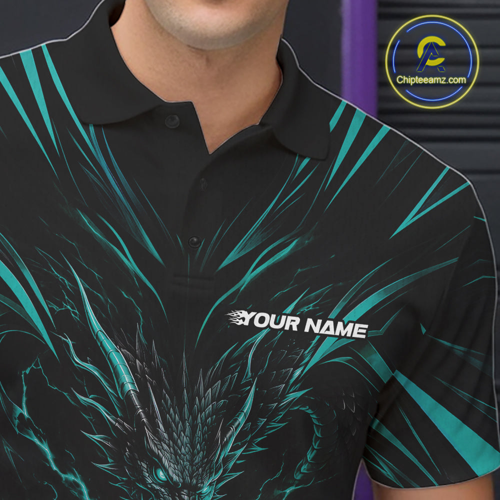 A man wearing a black short-sleeve bowling polo shirt with a teal and black dragon bowling design.