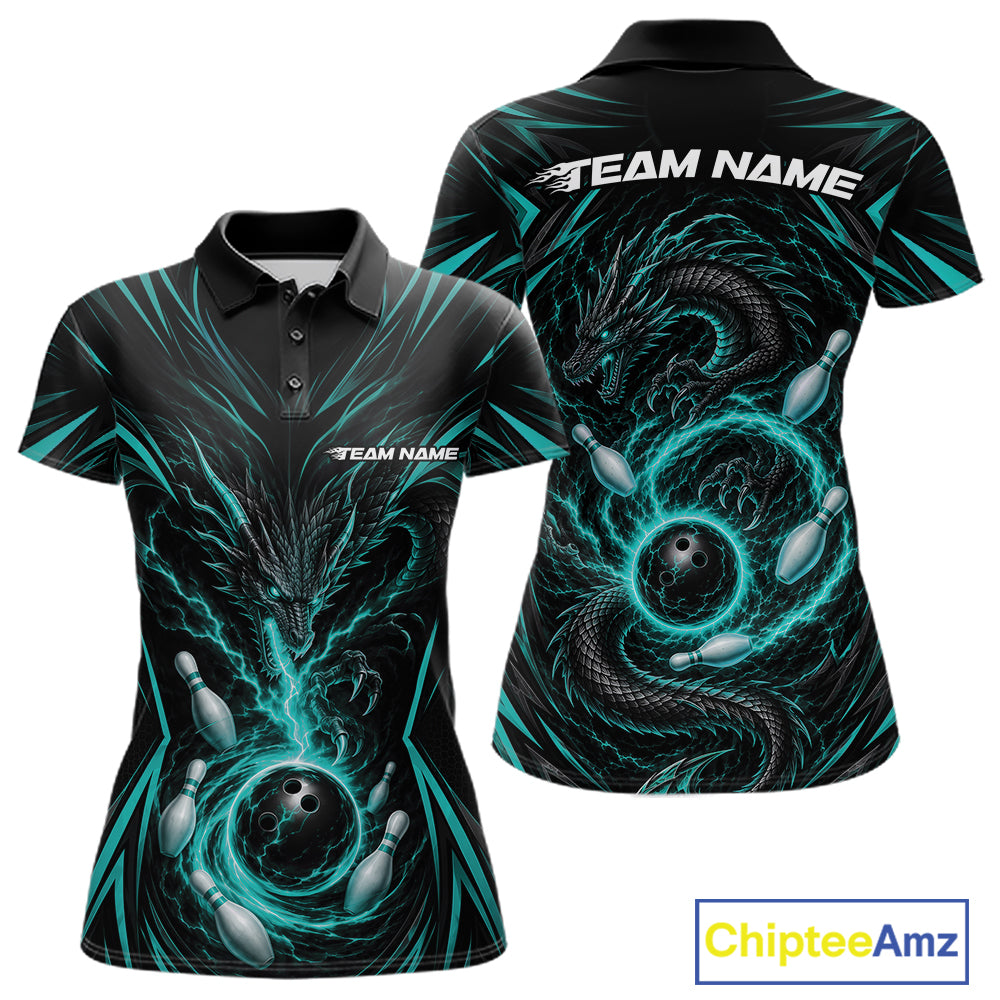 A women's short-sleeve polo shirt shown from the front and back on a white background. The shirt features a black base with a glowing teal and gray dragon design intertwined with bowling balls and pins.