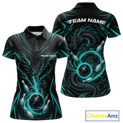 A women's short-sleeve polo shirt shown from the front and back on a white background. The shirt features a black base with a glowing teal and gray dragon design intertwined with bowling balls and pins.