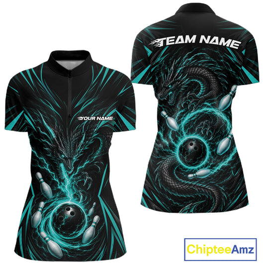 Front and back views of a women's short-sleeve athletic jersey with a black base and a glowing teal bowling-themed dragon graphic. The jersey features bowling balls, bowling pins, and the customizable texts