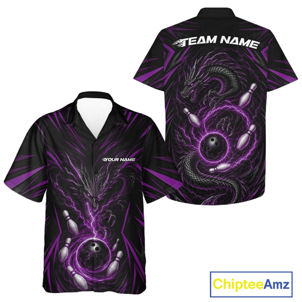 Front and back views of a black short-sleeve bowling-themed button-up shirt with purple lightning effects, a dragon, bowling balls. A ChipteeAmz logo appears in the bottom right corner.