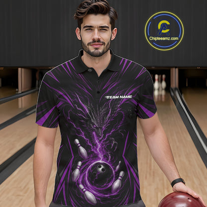 A man wearing a black short-sleeve bowling-themed polo shirt with a purple and black lightning-bolt swirl design, bowling pins, and a bowling ball graphic. He is standing in a bowling alley holding a bowling ball, with a 'Chilesamz.