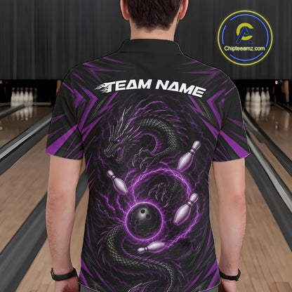 A person viewed from behind wearing a black short-sleeve bowling shirt with a large purple and black dragon graphic, bowling pins, and the text 'TEAM NAME' across the upper back. Bowling lanes are visible in the background, and a circular 'Chipteamz.