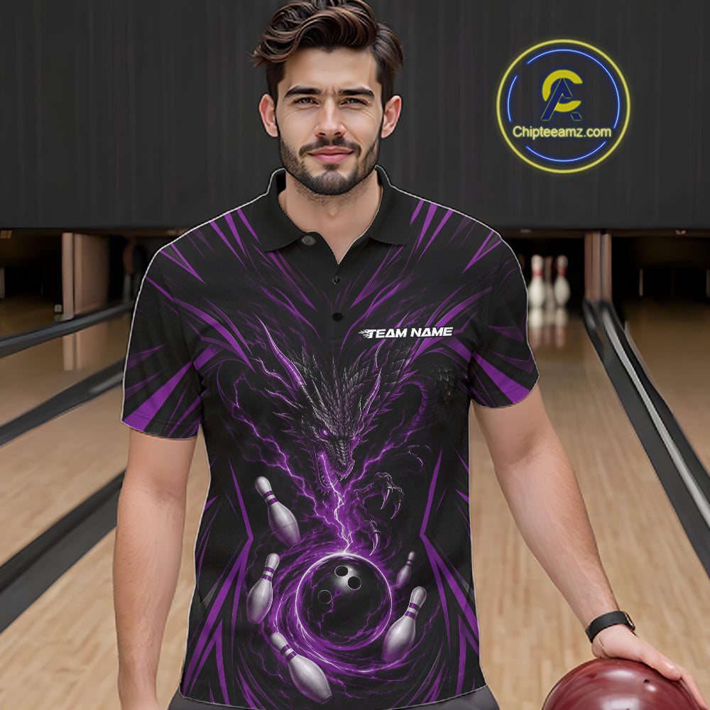 A man wearing a black short-sleeve bowling-themed polo shirt with a purple and black lightning-bolt swirl design, bowling pins, and a bowling ball graphic. The shirt has 'TEAM NAME' printed on the chest.