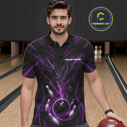 A man wearing a black short-sleeve bowling-themed polo shirt with a purple and black lightning-bolt swirl design, bowling pins, and a bowling ball graphic. The shirt has 'TEAM NAME' printed on the chest.
