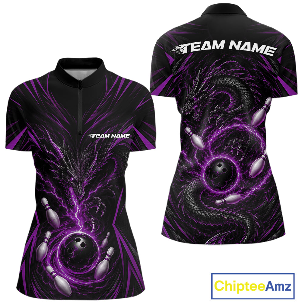 Front and back views of a women's short-sleeve quarter zip jersey in black with a purple and black bowling-themed dragon graphic, including bowling balls and pins, on a white background. 