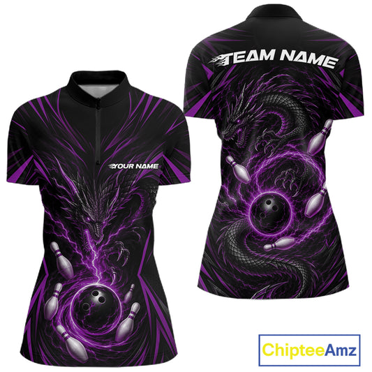 Front and back views of a women's short-sleeve quarter zip jersey in black with a purple and black bowling-themed dragon graphic, including bowling balls and pins, on a white background. 