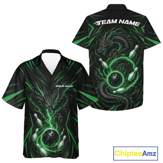 Front and back views of a short-sleeve button-up shirt with a black and green dragon design, bowling balls, and bowling pins, featuring 'TEAM NAME' text on the chest, shown on a white background with a ChipteeAmz logo in the corner.