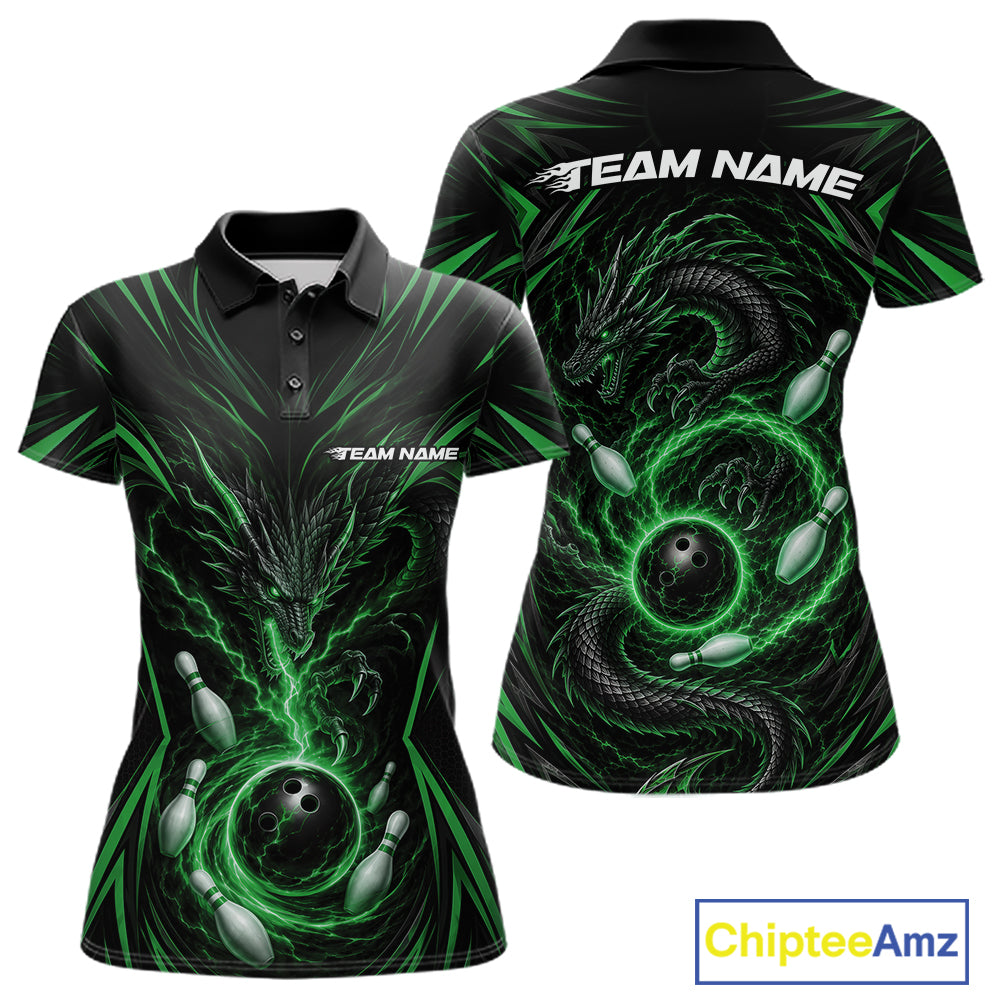 Womens Black short-sleeve polo shirt with a green and black dragon design wrapping around bowling pins and bowling balls, shown from the front and back. The back features a large 'TEAM NAME' print in white.