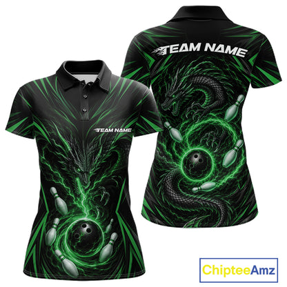 Womens Black short-sleeve polo shirt with a green and black dragon design wrapping around bowling pins and bowling balls, shown from the front and back. The back features a large 'TEAM NAME' print in white.