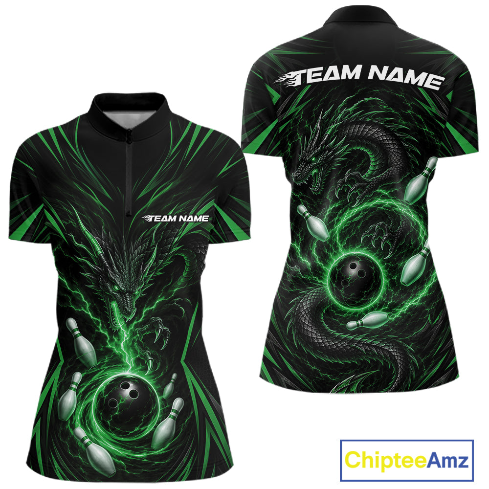 Front and back views of a womens short-sleeve athletic jersey with a black base and vivid green neon-style bowling graphic, including bowling balls, pins, and a dragon motif. The back shows 'TEAM NAME' text across the shoulders