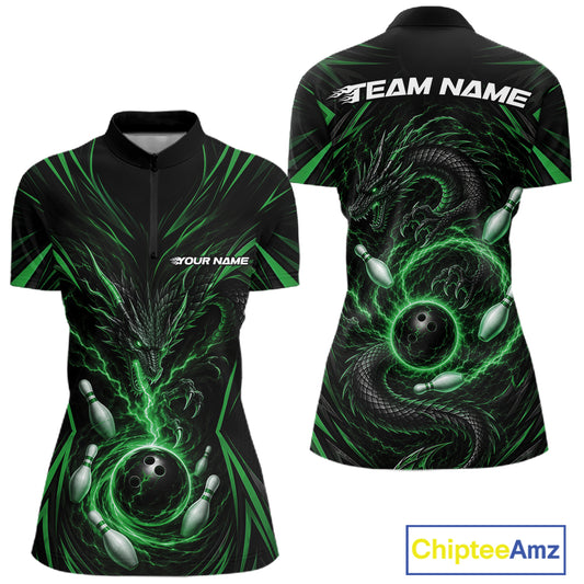 Front and back views of a womens short-sleeve athletic jersey with a black base and vivid green neon-style bowling graphic, including bowling balls, pins, and a dragon motif. The back shows 'TEAM NAME' text across the shoulders