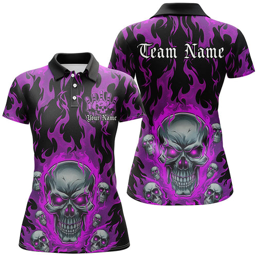 Custom Purple Flame Skull Bowling Shirts For Women, Halloween Bowling Team Outfits Uniform IPHW7385