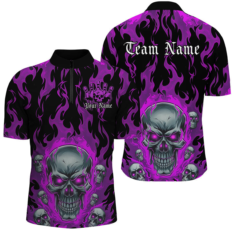 Custom Purple Flame Skull Bowling Shirts For Men, Halloween Bowling Team Outfits Uniform IPHW7385