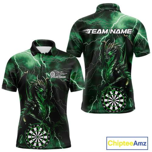 Custom Green Thunder Lightning Dragon Dart Team Polo Shirt For Men, Dart League Shirt IPHW9996