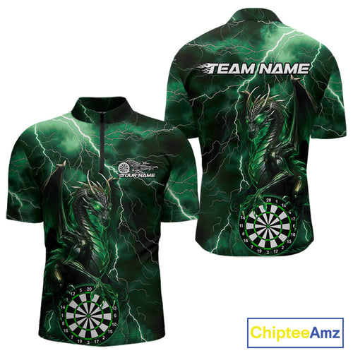 Custom Green Thunder Lightning Dragon Dart Team Quarter-Zip Shirt For Men, Dart League Shirt IPHW9996