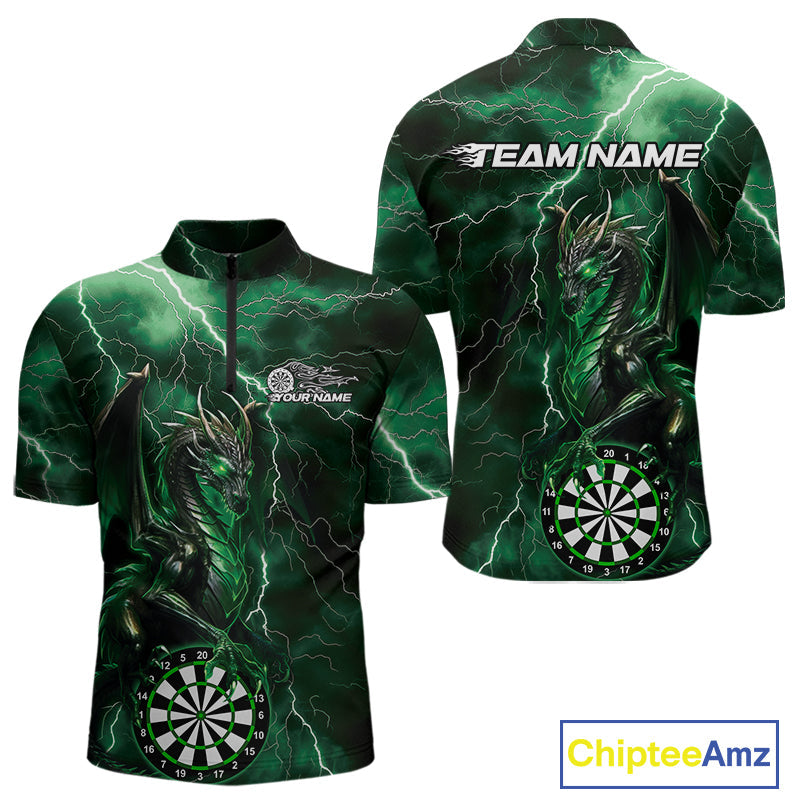 Custom Green Thunder Lightning Dragon Dart Team Quarter-Zip Shirt For Men, Dart League Shirt IPHW9996
